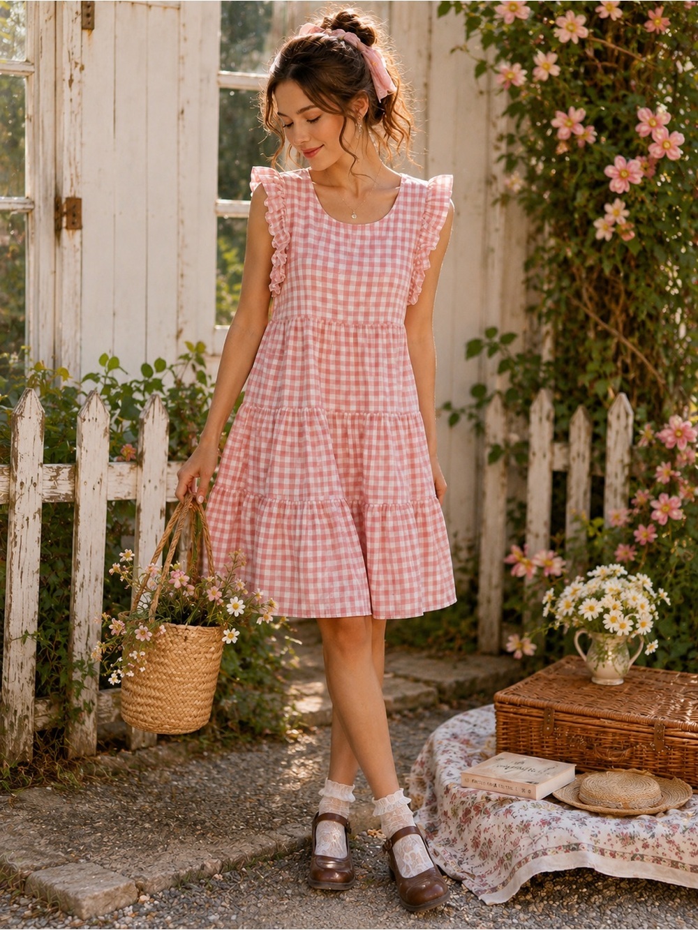 Altar’d State Pink Gingham Cottagecore Babydoll Dress Flutter Sleeve Coquette